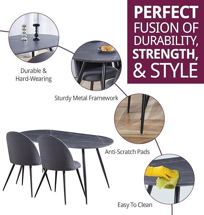 6 Seater Grey Marble Oval Dining Table Set with Curved Fabric Chairs