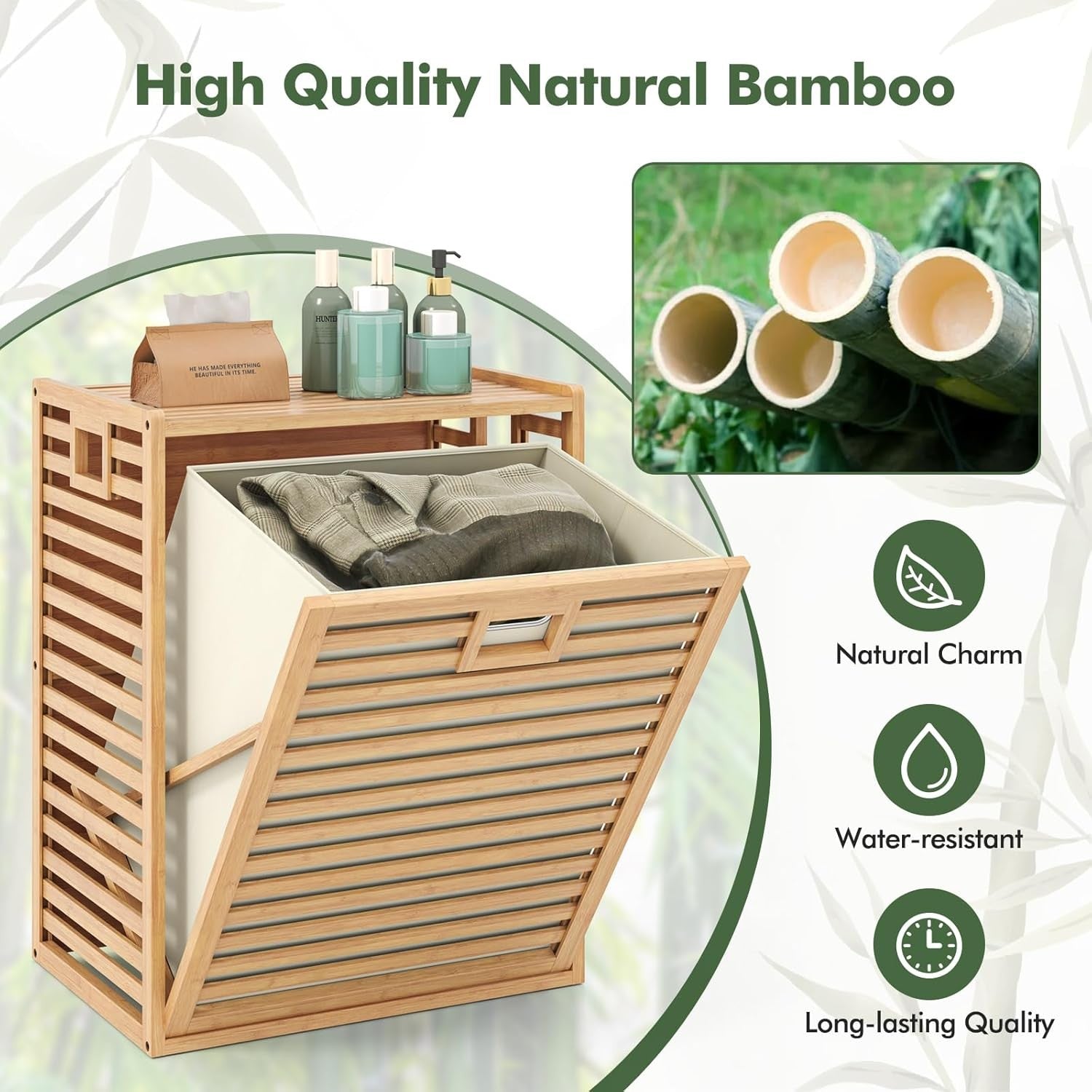 Bamboo Laundry Basket Cabinet Tilt Out Hamper with Liner Bag Natural