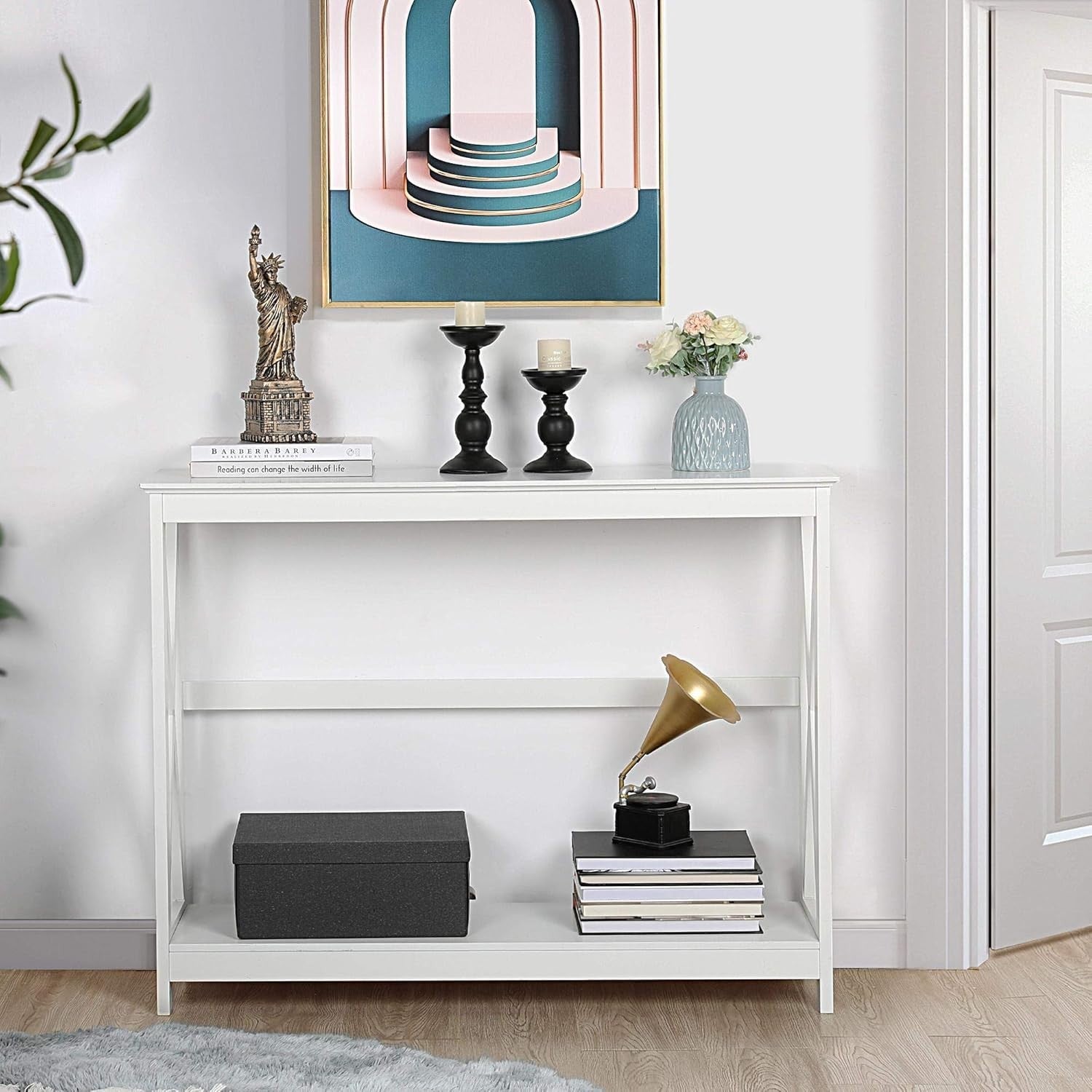 White 2-Tier Console Table with X-Design, Storage Shelf for Hallway & Living Roo