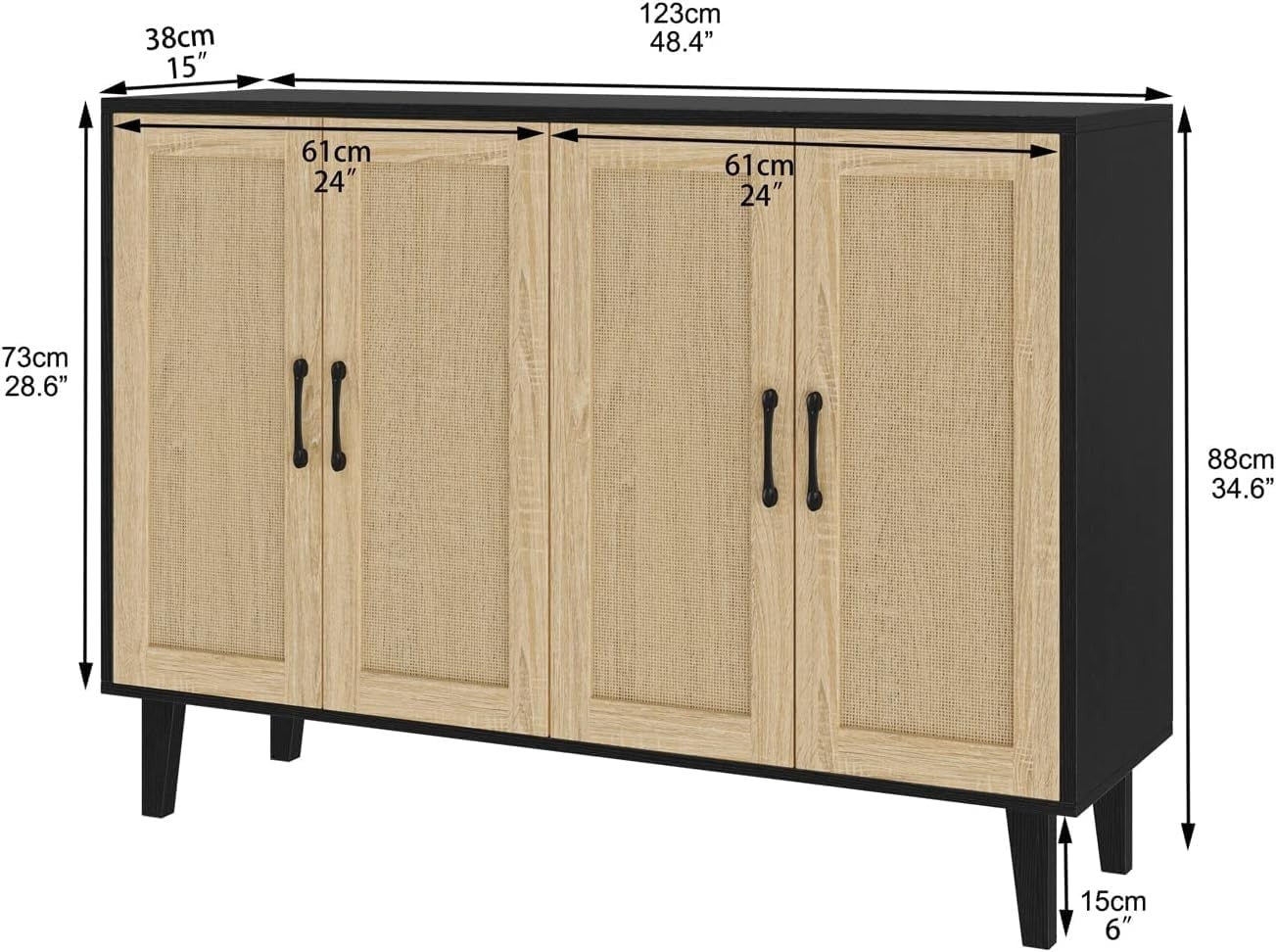 Black Buffet Storage Cabinet with Rattan Doors Adjustable Shelves Modern