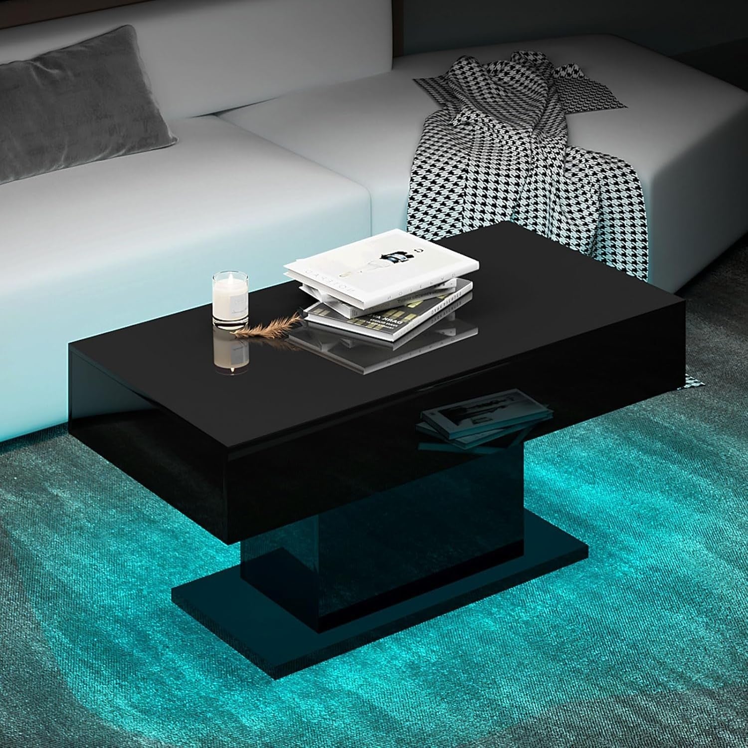 Modern Black LED Coffee Table, High Gloss Rectangular 110x55cm