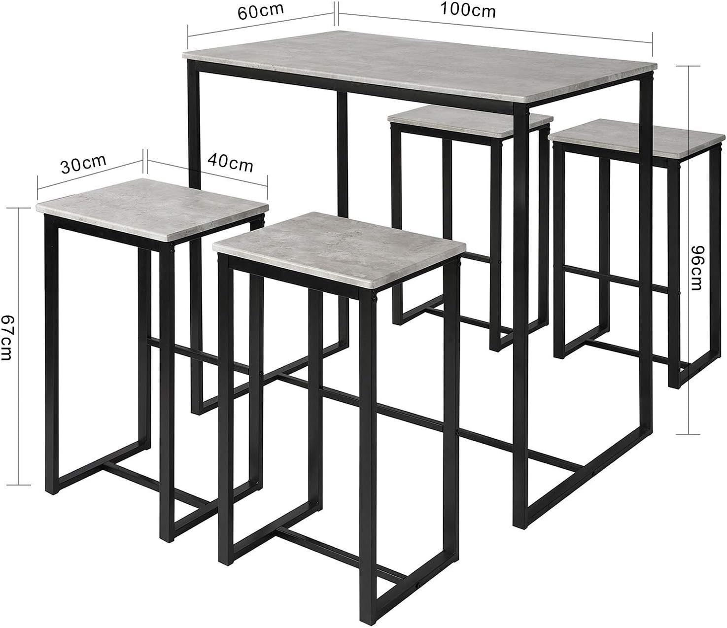 5-Piece Bar Table Set with 4 Stools, Black & Grey Space-Saving Dining Set