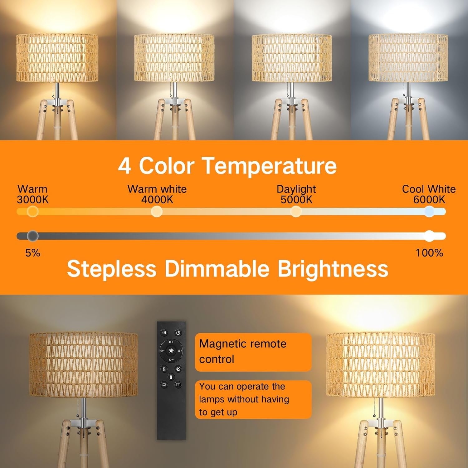 Wood Tripod Floor Lamp Dimmable Boho Standing Light Remote Linen Shade