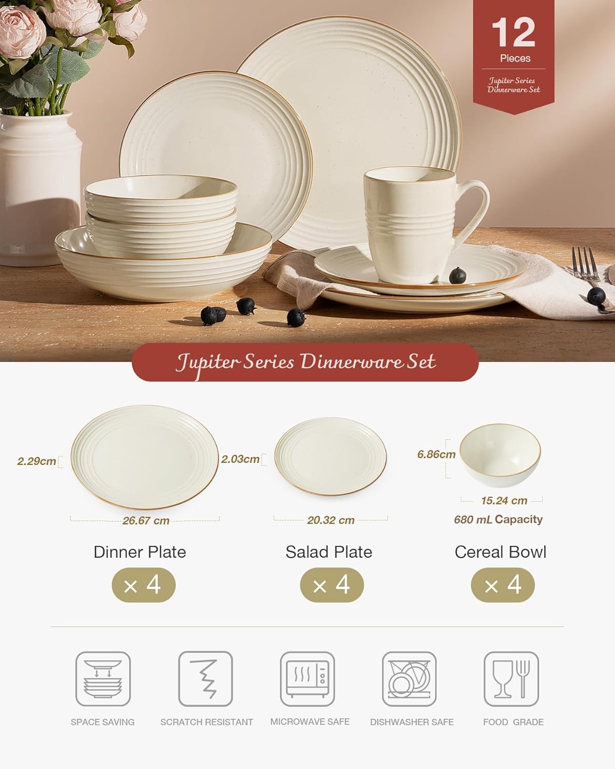 12pc Stoneware Dinner Set Cream White Gold Rim Plates Bowls Dishwasher Safe