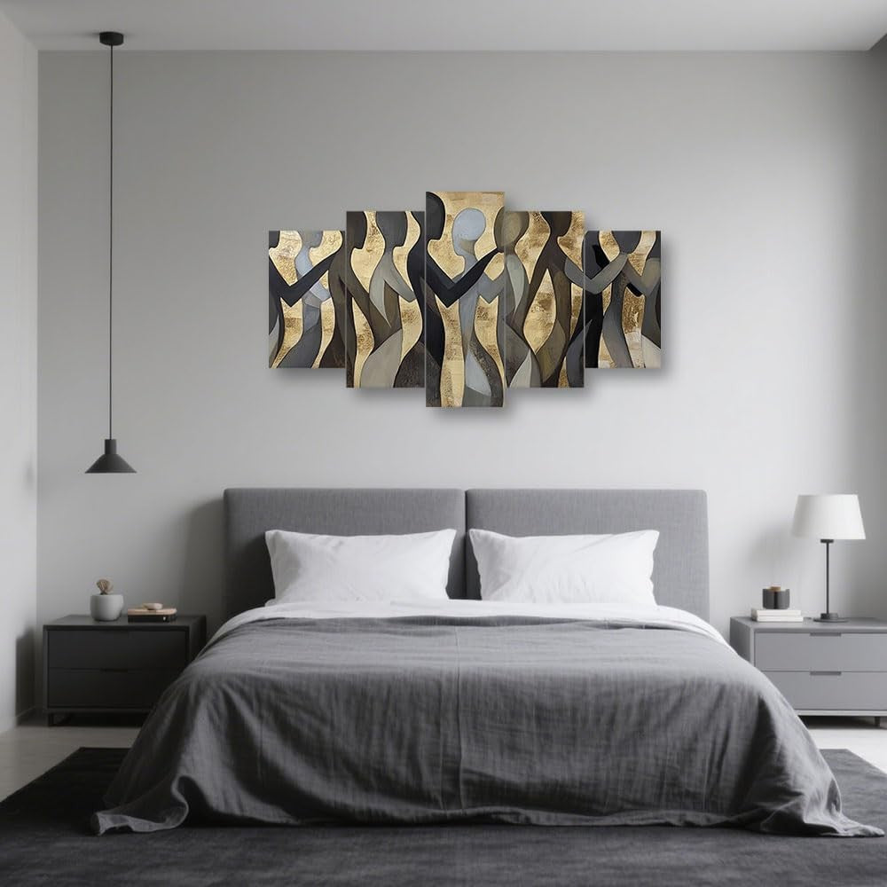 5 Piece Black Gold Abstract Canvas Wall Art Framed Modern Set