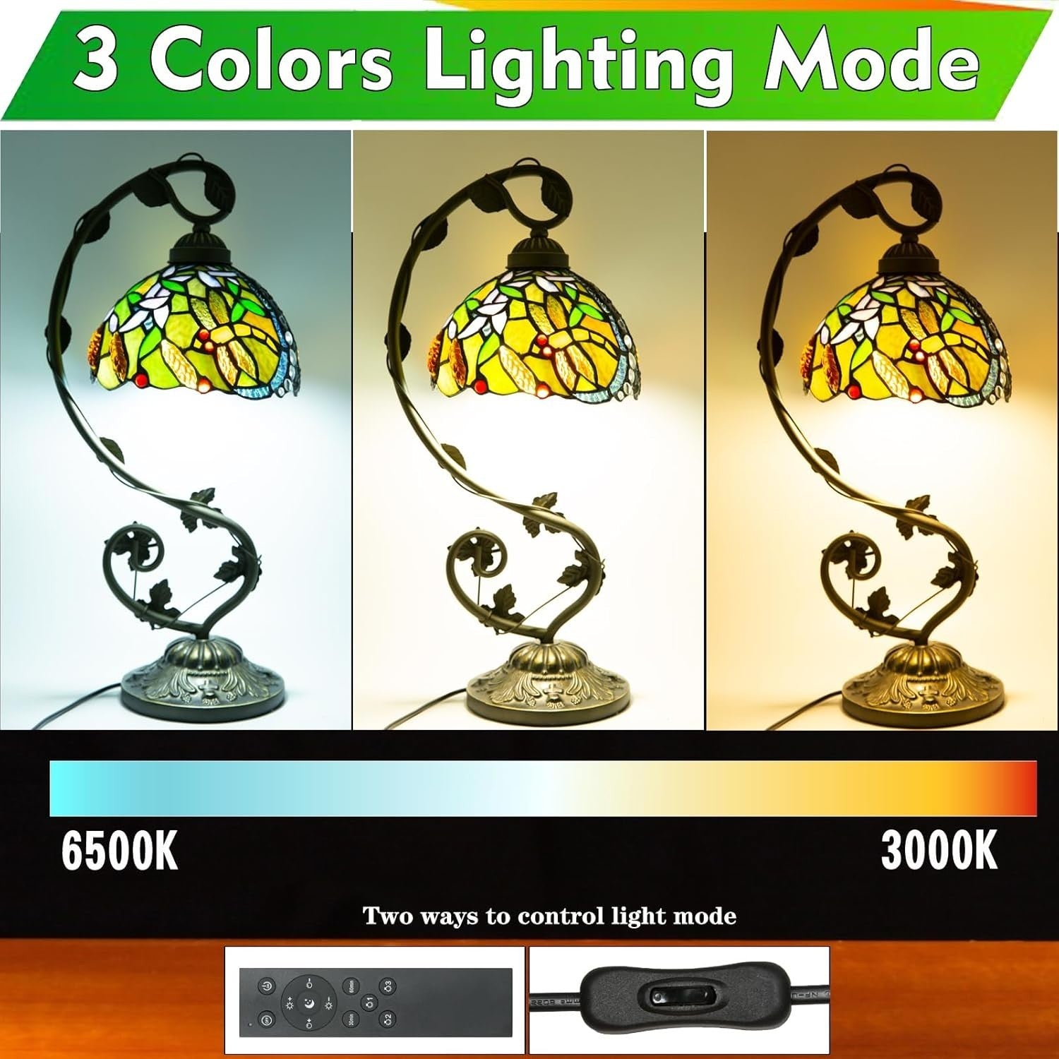 Stained Glass Table Lamp LED Remote Dimmable 3 Color Modes for Living Room