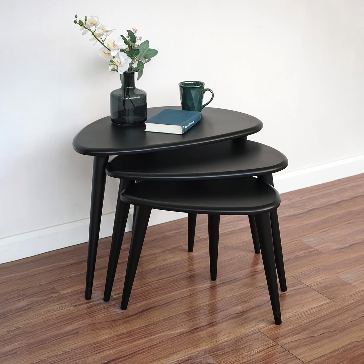 Space Saving Coffee Table Side End Bedside Round Wood Walnut Black