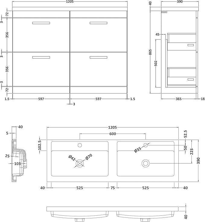 1200mm Gloss White Double Basin Vanity Unit – 4 Drawer Bathroom Sink Cabinet
