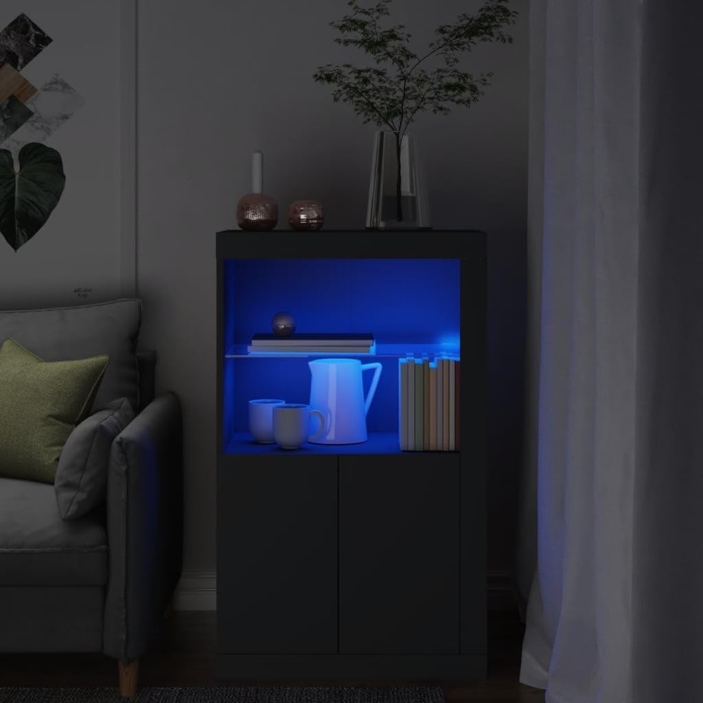Black LED Side Cabinet with USB Port & Glass Shelf – Modern Storage