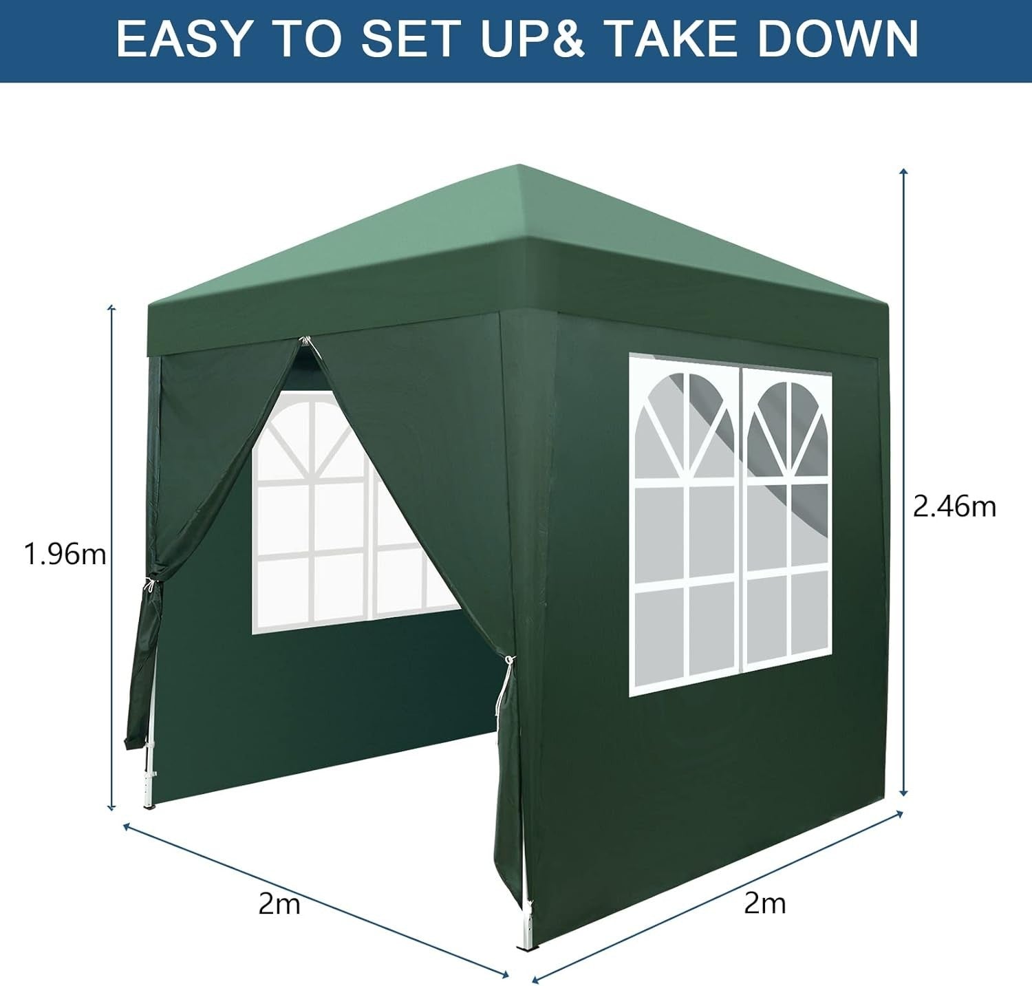 2x2M Green Pop Up Gazebo with Sides Easy Setup Waterproof Garden Party Tent