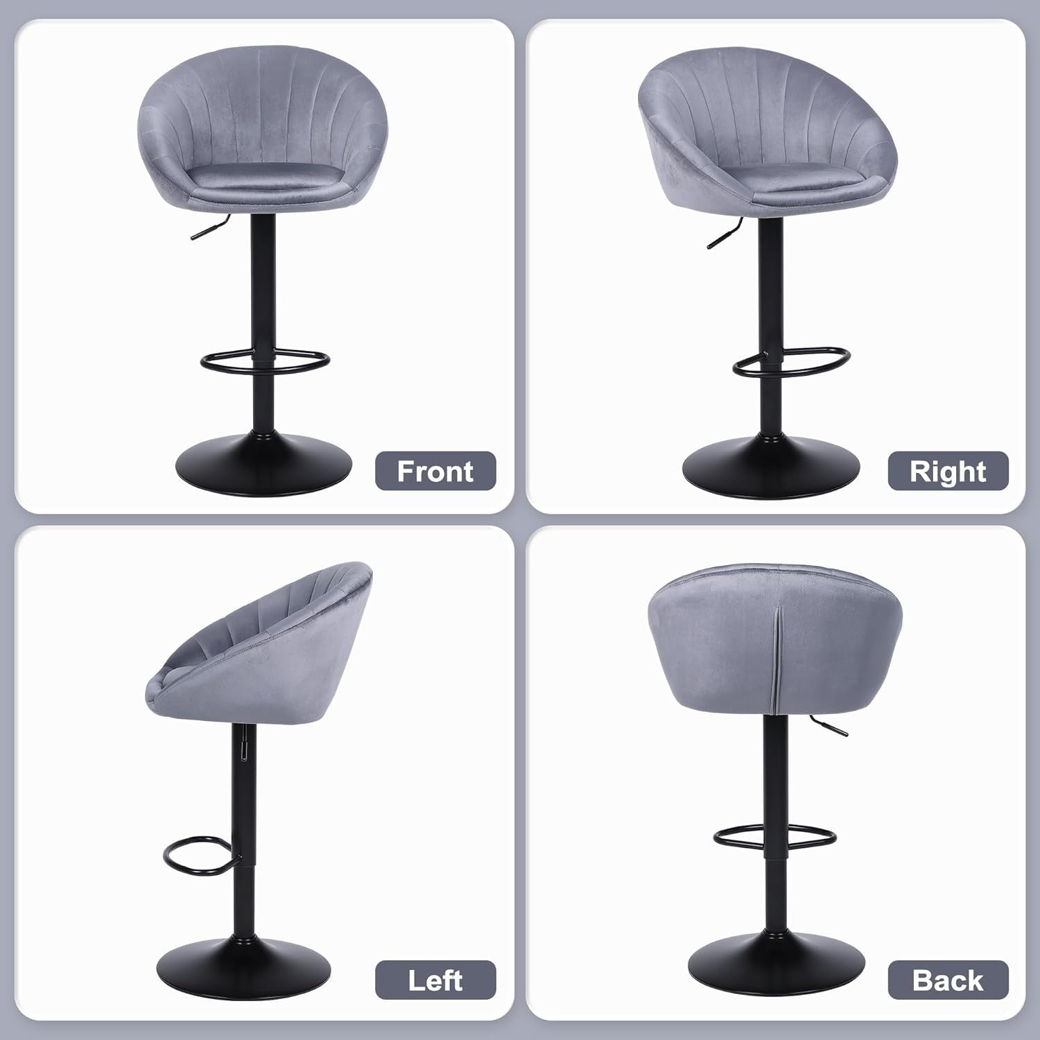 2PC Grey Velvet Bar Stools – Adjustable Swivel Kitchen Chairs