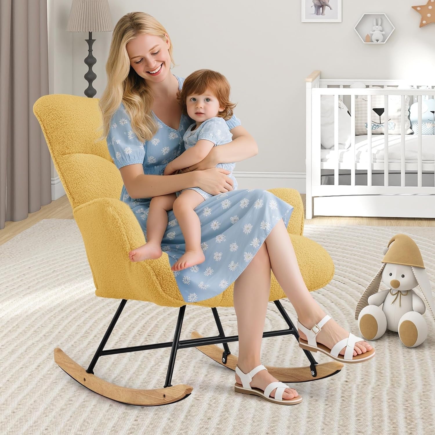 Teddy Rocking Chair Nursery Glider Armchair Adults Kids Room Yellow