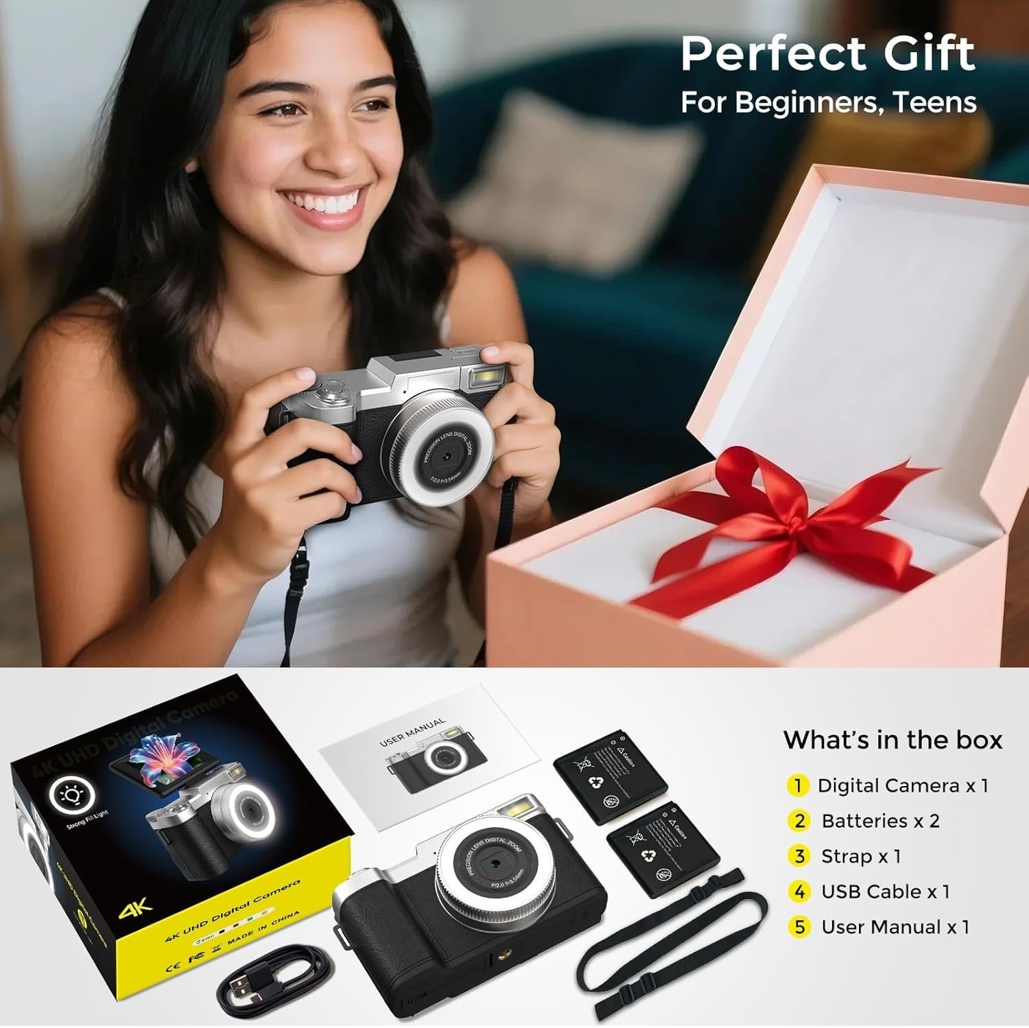 4K 64MP Vlogging Camera Flip Screen LED Selfie Light 2 Batteries