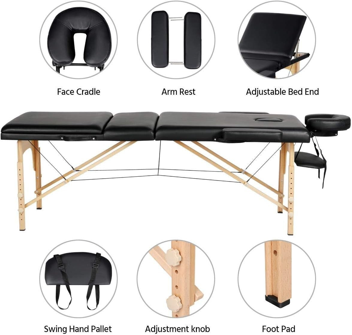 60cm 3-Section Portable Massage Table | Foldable Wooden Lash Beauty Bed Black
