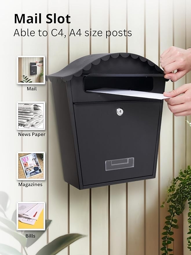 Lockable Wall Mounted Mailbox Black – Weatherproof Steel Post Box w/ 2 Keys