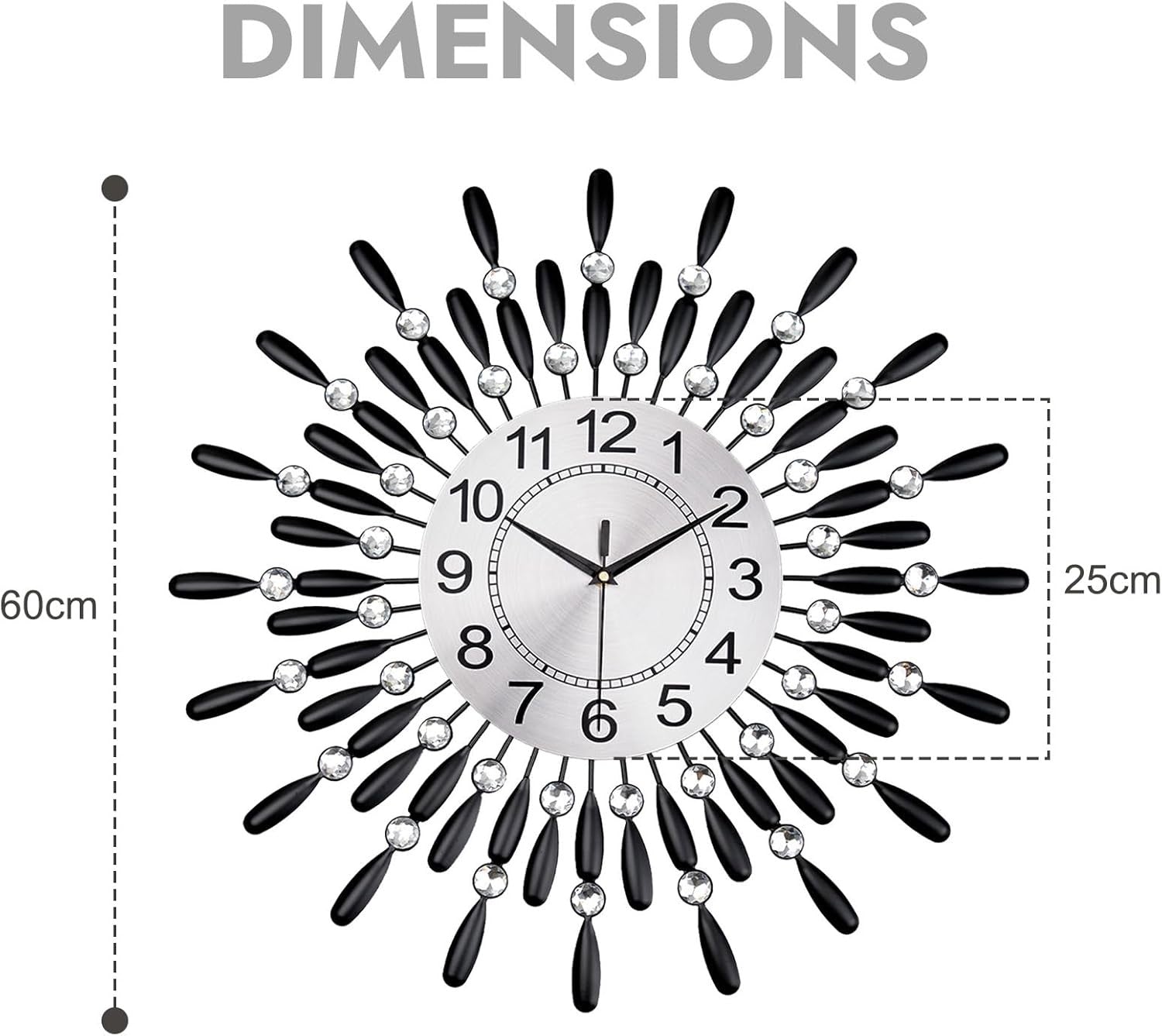 60cm Luxury Sunburst Wall Clock – Diamante Beaded Metal Design Black