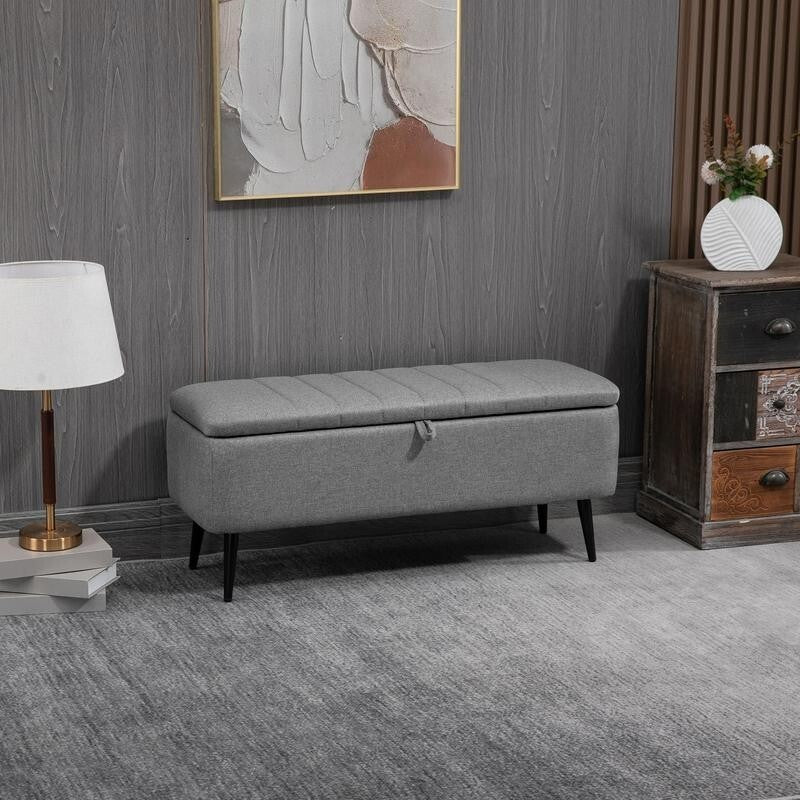 Grey Storage Ottoman Bench Flip Top Upholstered Seat Linen Fabric 102cm