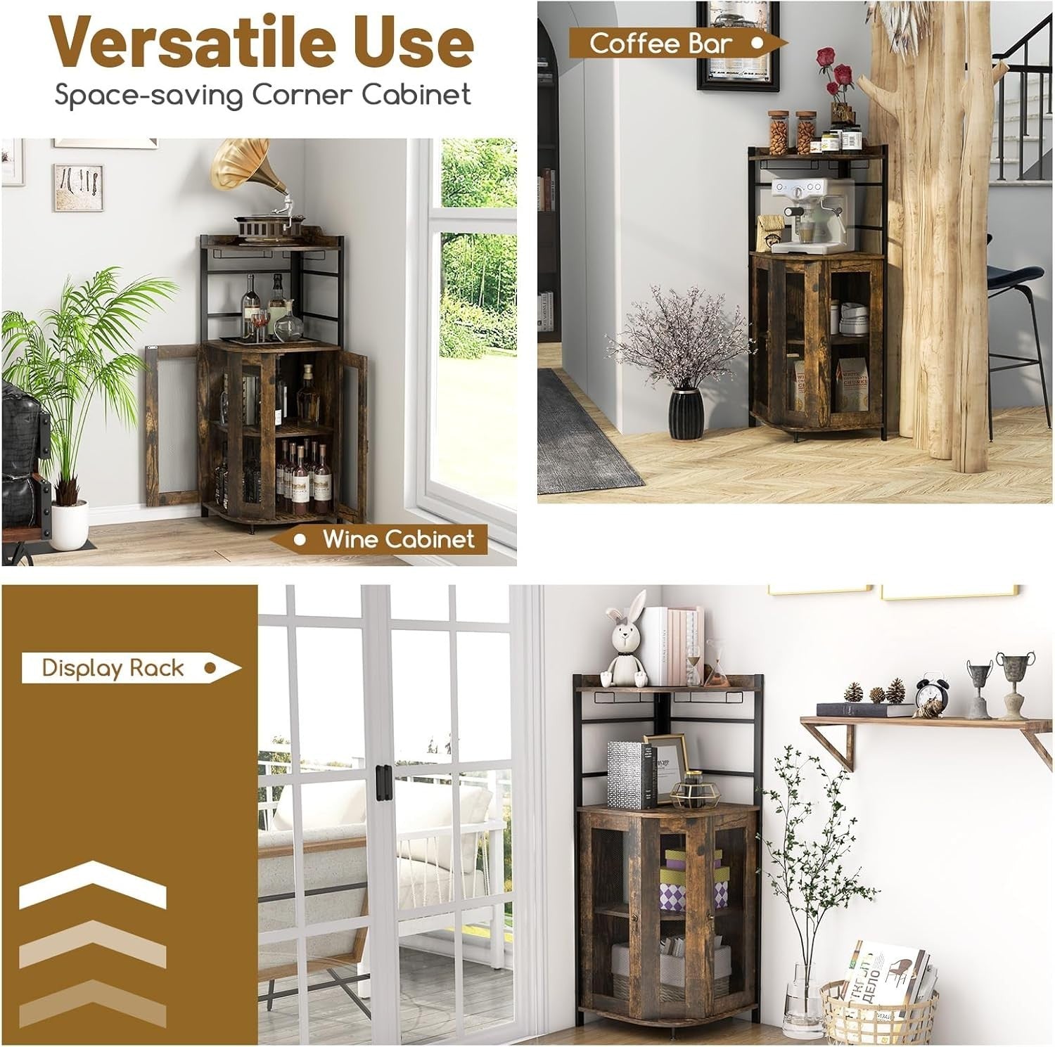 Corner Bar Cabinet Rustic Wine Storage with Glass Holder Mesh Doors