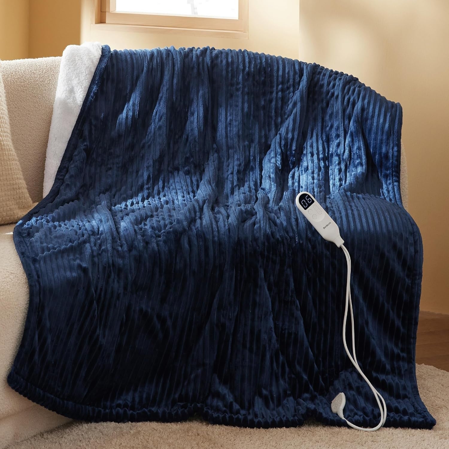 Striped Blue Electric Heated Throw Blanket 6 Heat Levels Timer Warm 130x160cm
