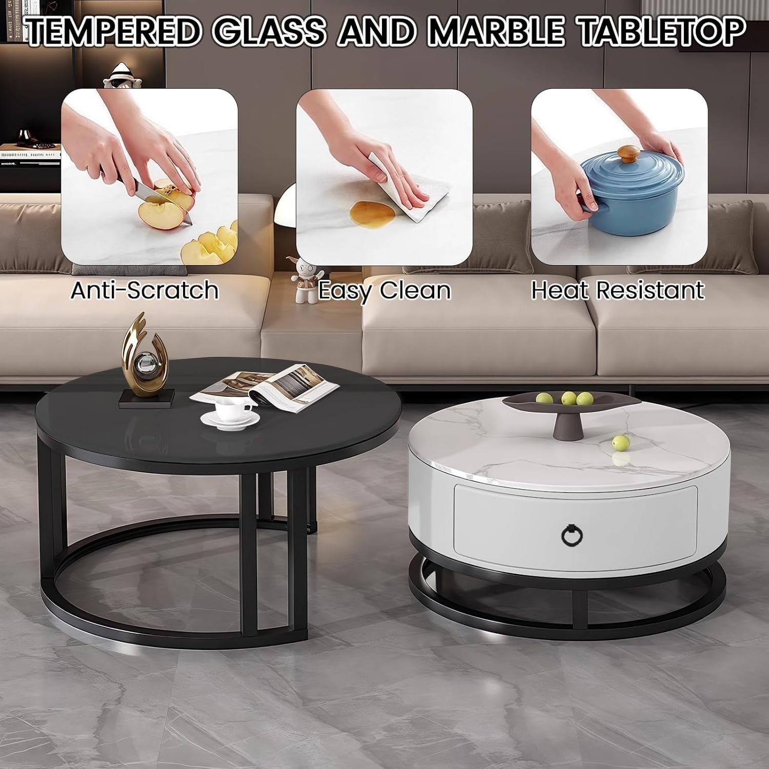 2-in-1 Nesting Coffee Table Set w/ Drawer, Marble & Glass Top, Space-Saving