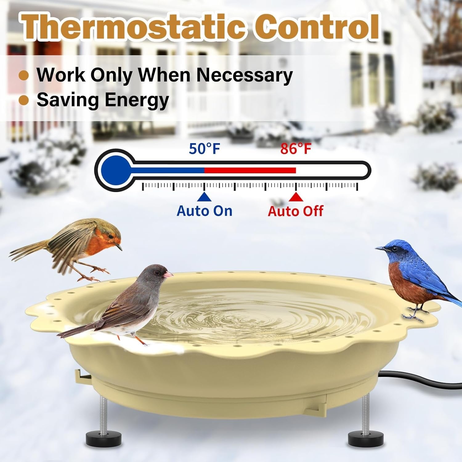 100W Heated Bird Bath Outdoor Thermostat Anti-Freeze Feeder Khaki