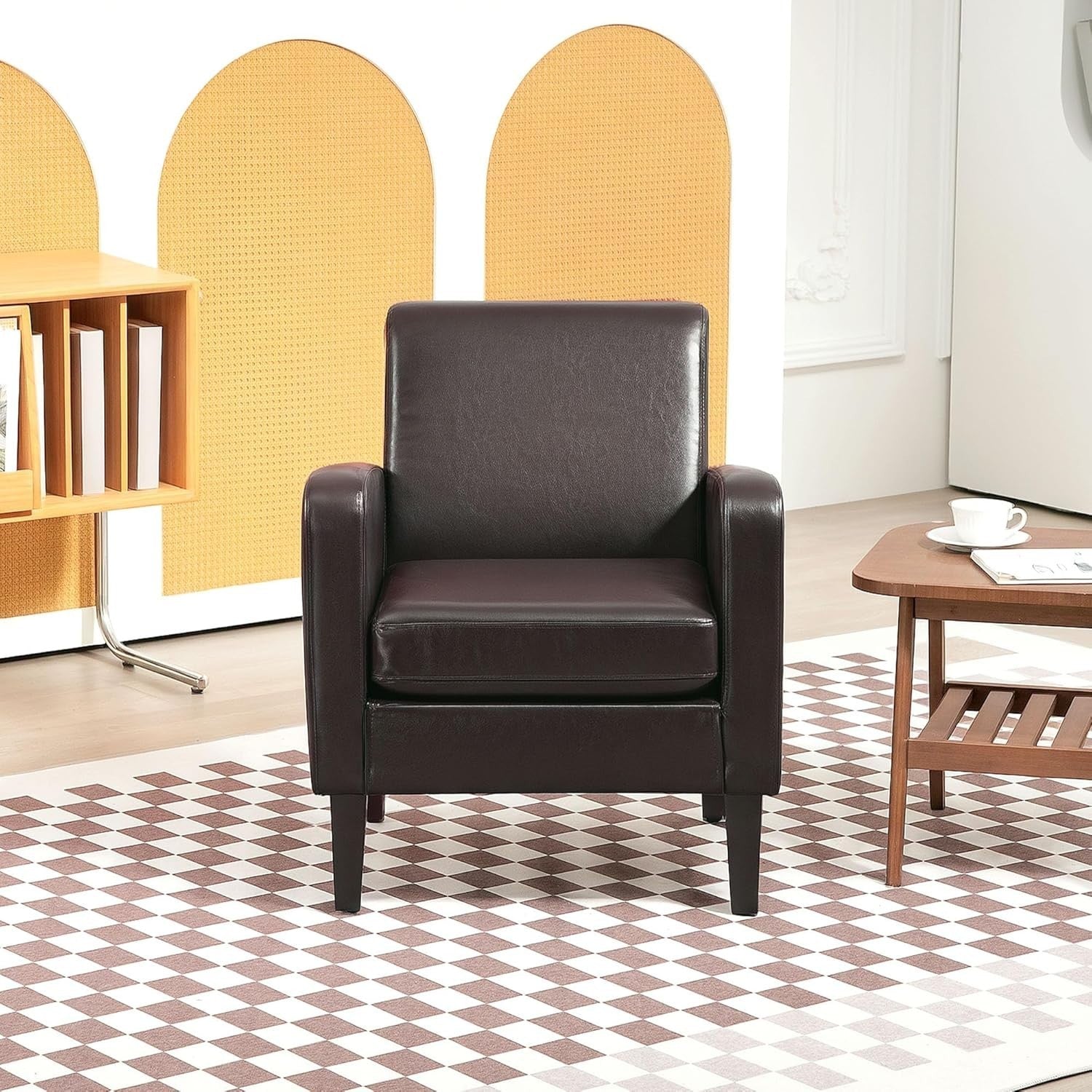 Modern Faux Leather Armchair with Eucalyptus Wood Legs | Comfortable Lounge Seat