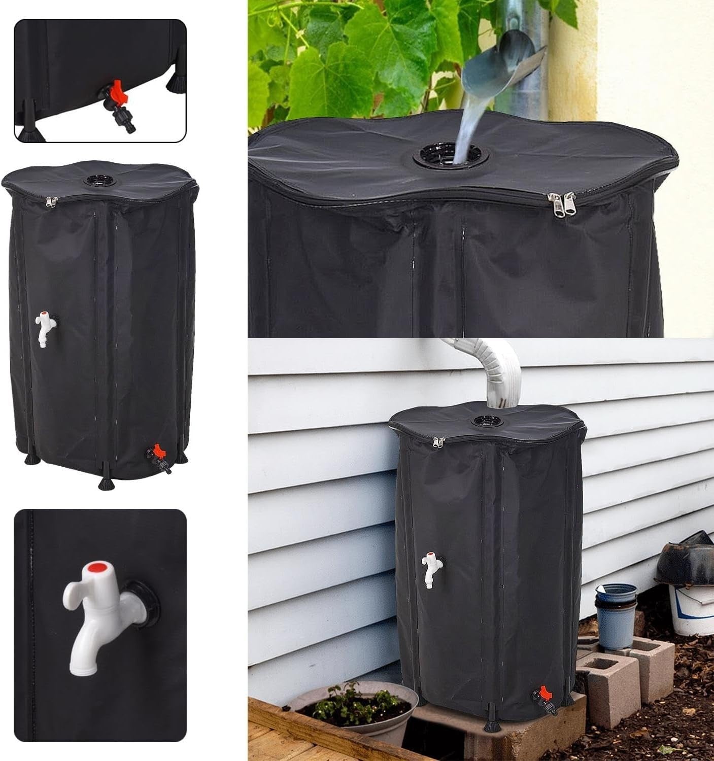 250L Collapsible Water Butt Kit with Tap, Hose Connector & Lid for Garden