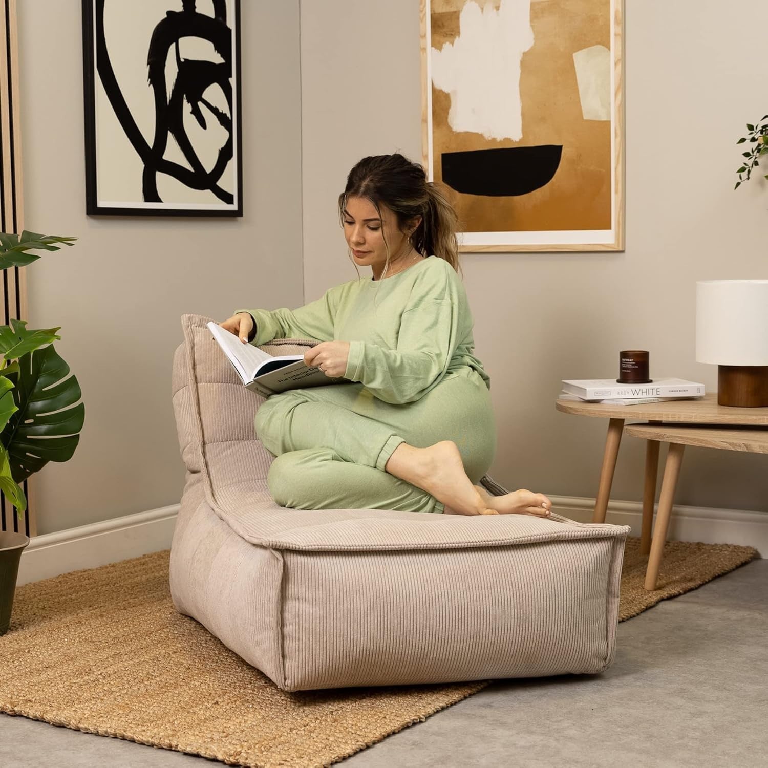 Beige Corduroy Lounge Bean Bag Chair | Comfy Large Seat for Living Room