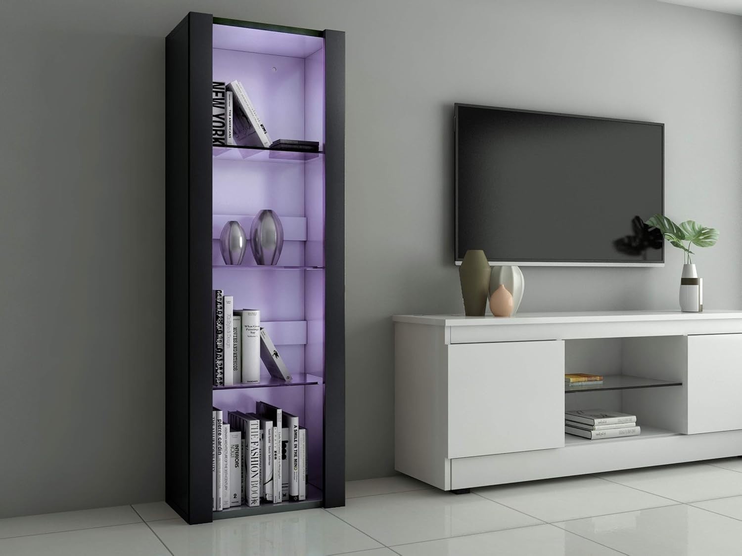 Tall Modern Display Cabinet with RGB LED Glass Shelves, Durable Storage Unit