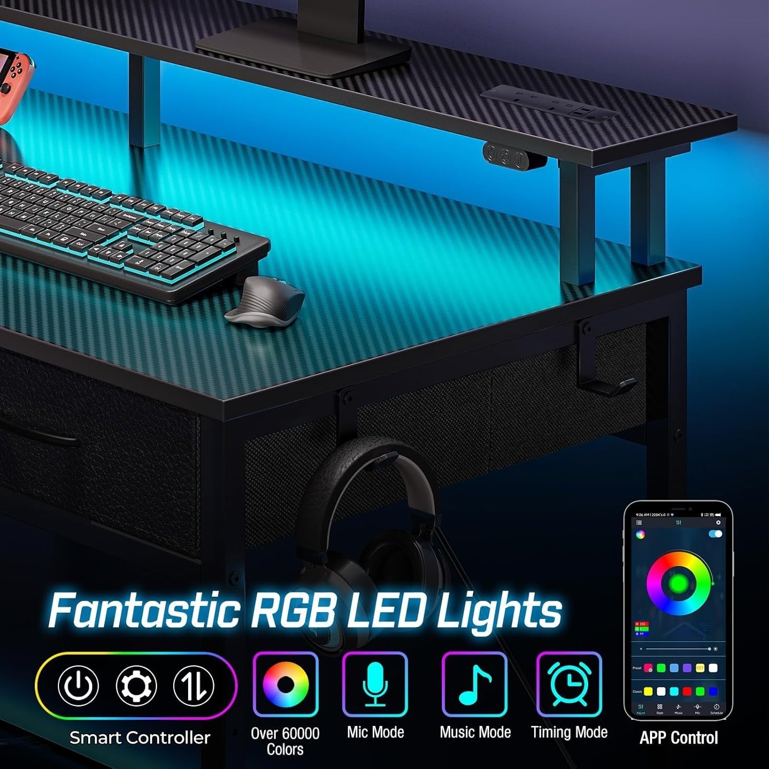 Black 120cm Computer Desk with Drawers, LED Lights & Power Outlets