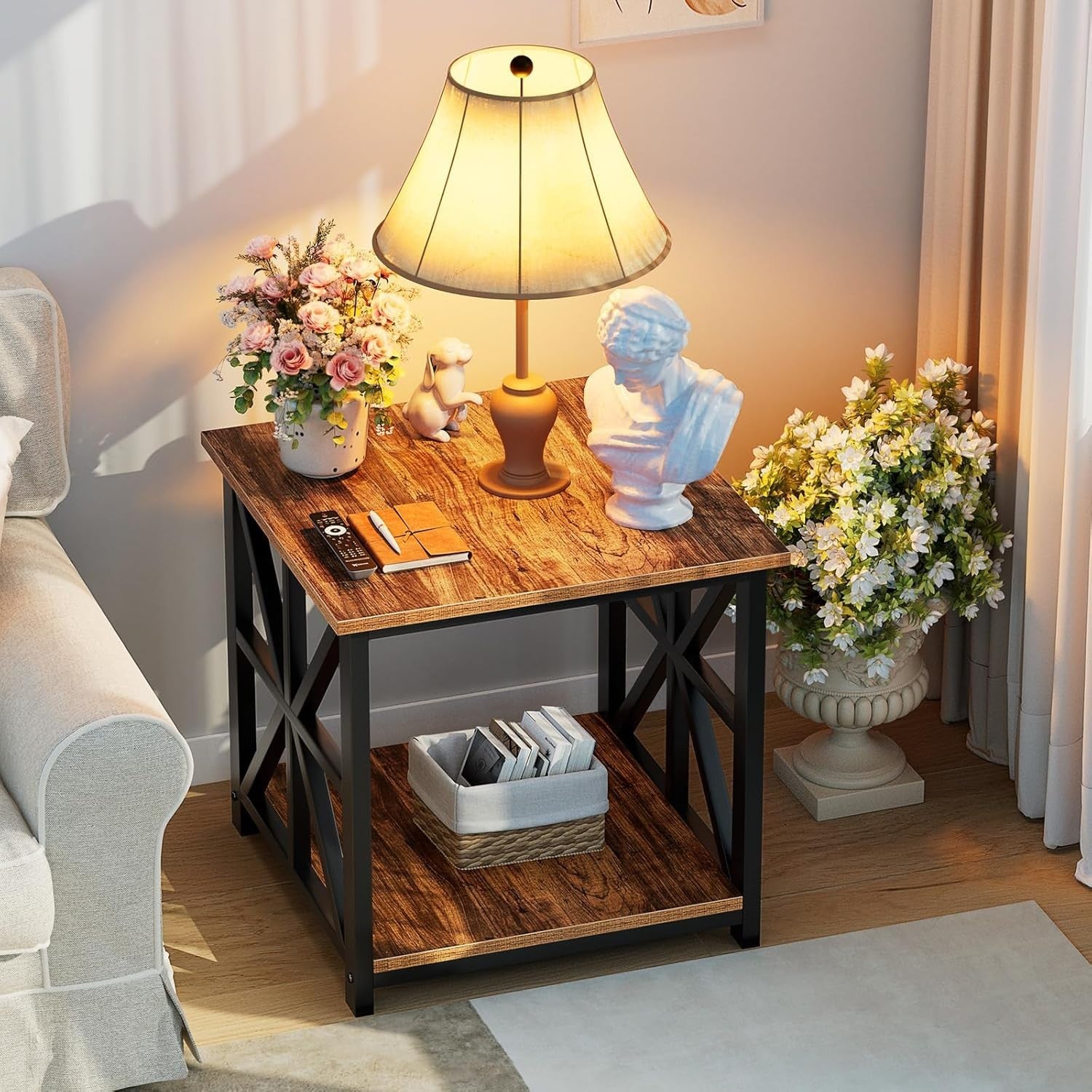 Walnut 2-Tier Square Side Table 60x60x60 cm | Large End Table w/ Storage