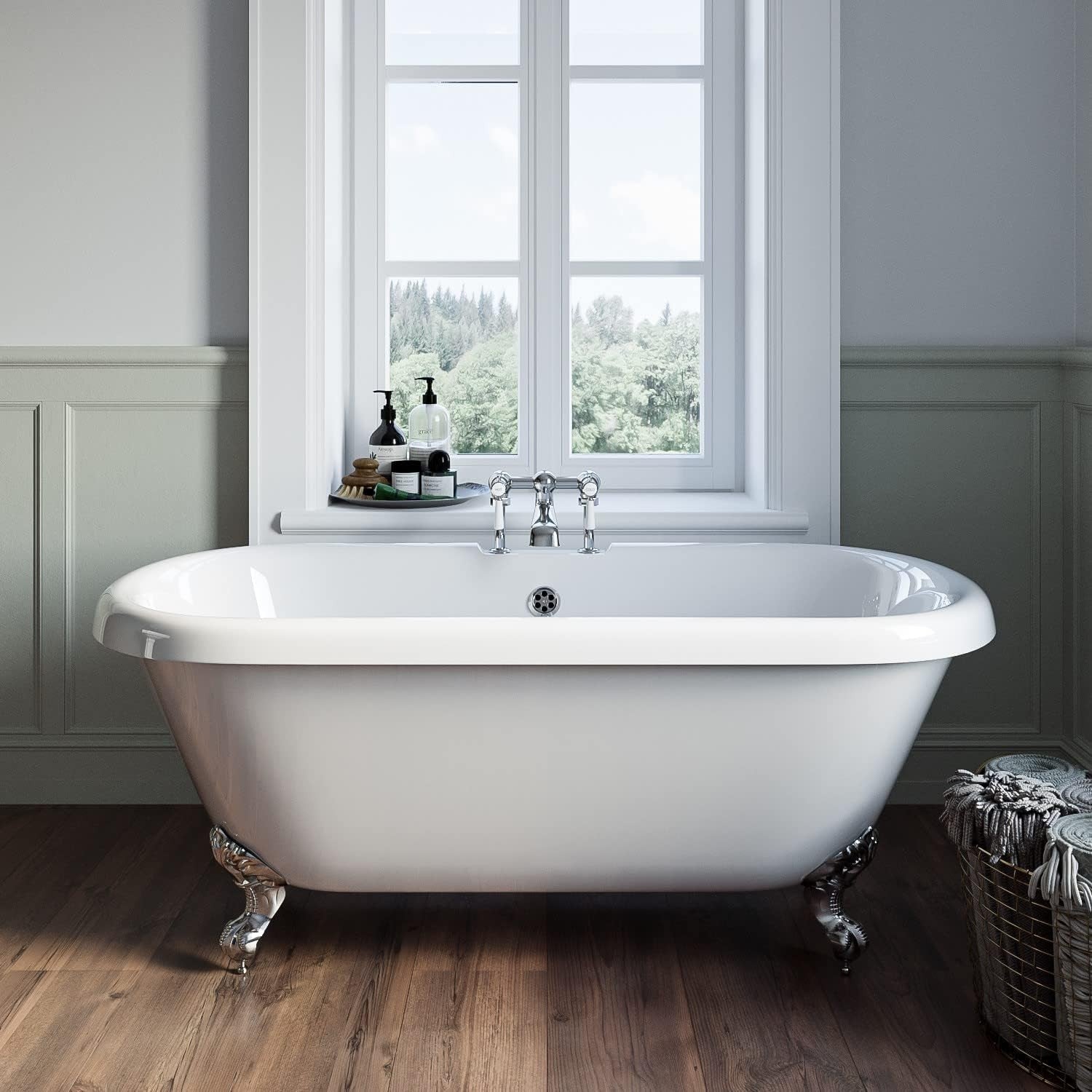 1515x740mm Double Ended Freestanding Bath White Acrylic Chrome Feet