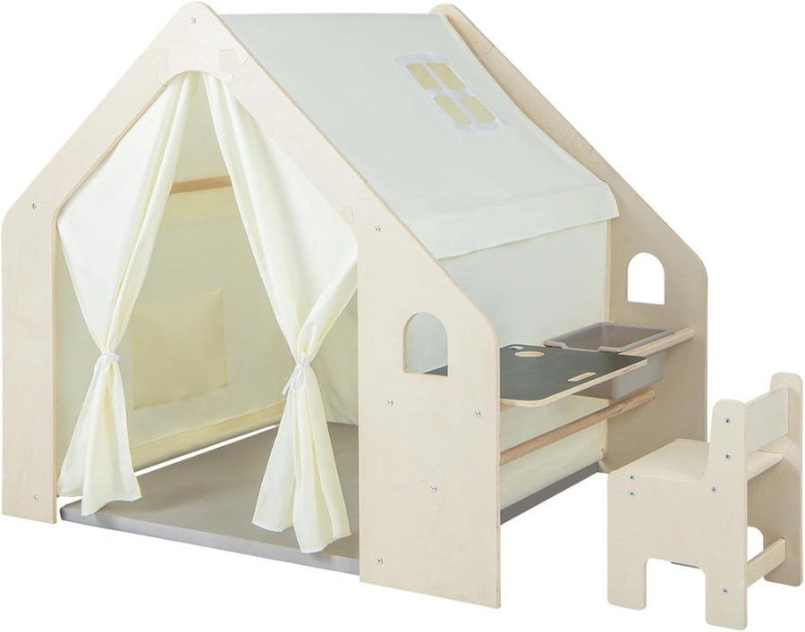 6 in 1 Wooden Kids Playhouse Tent w Desk Chair Blackboard Storage