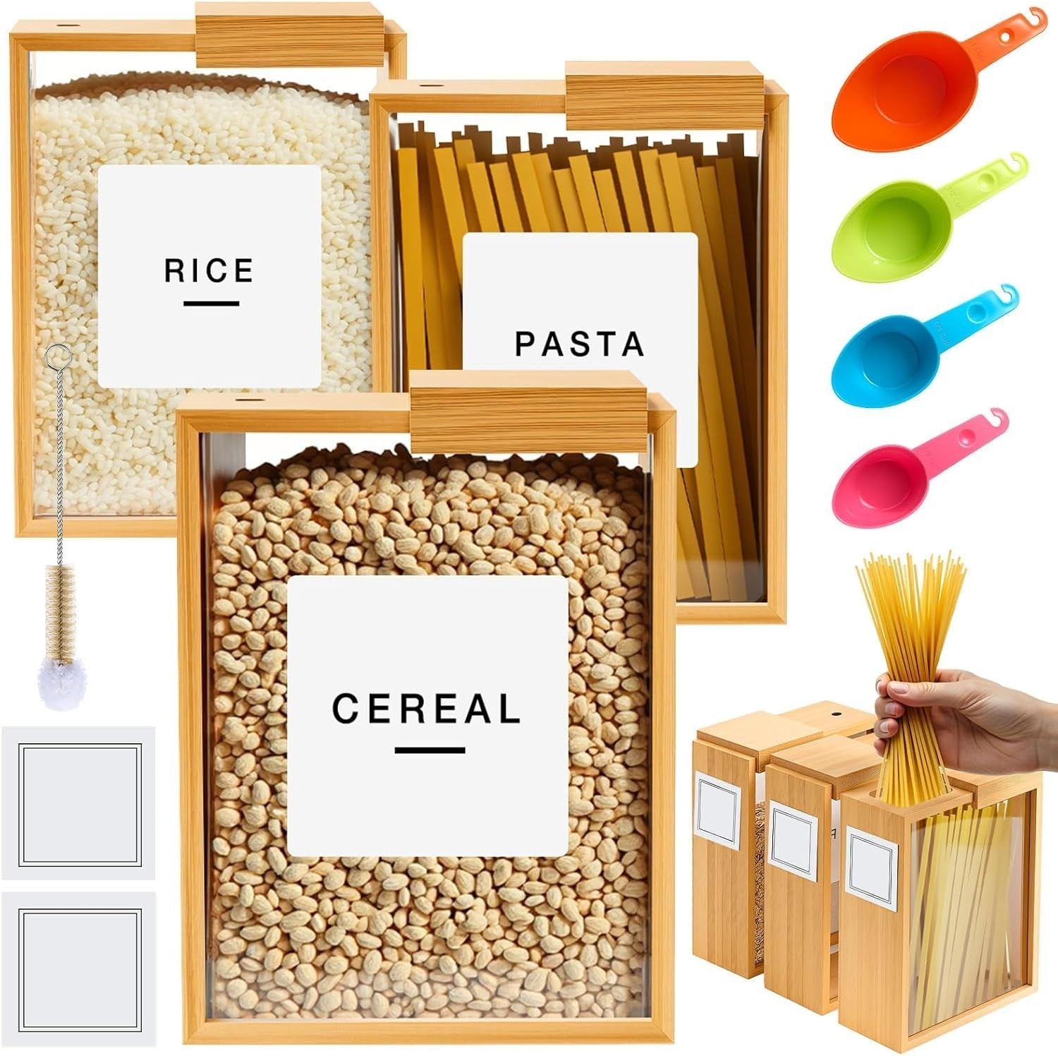 3 Bamboo Cereal Dispensers 2.2L Airtight Food Storage Containers Set