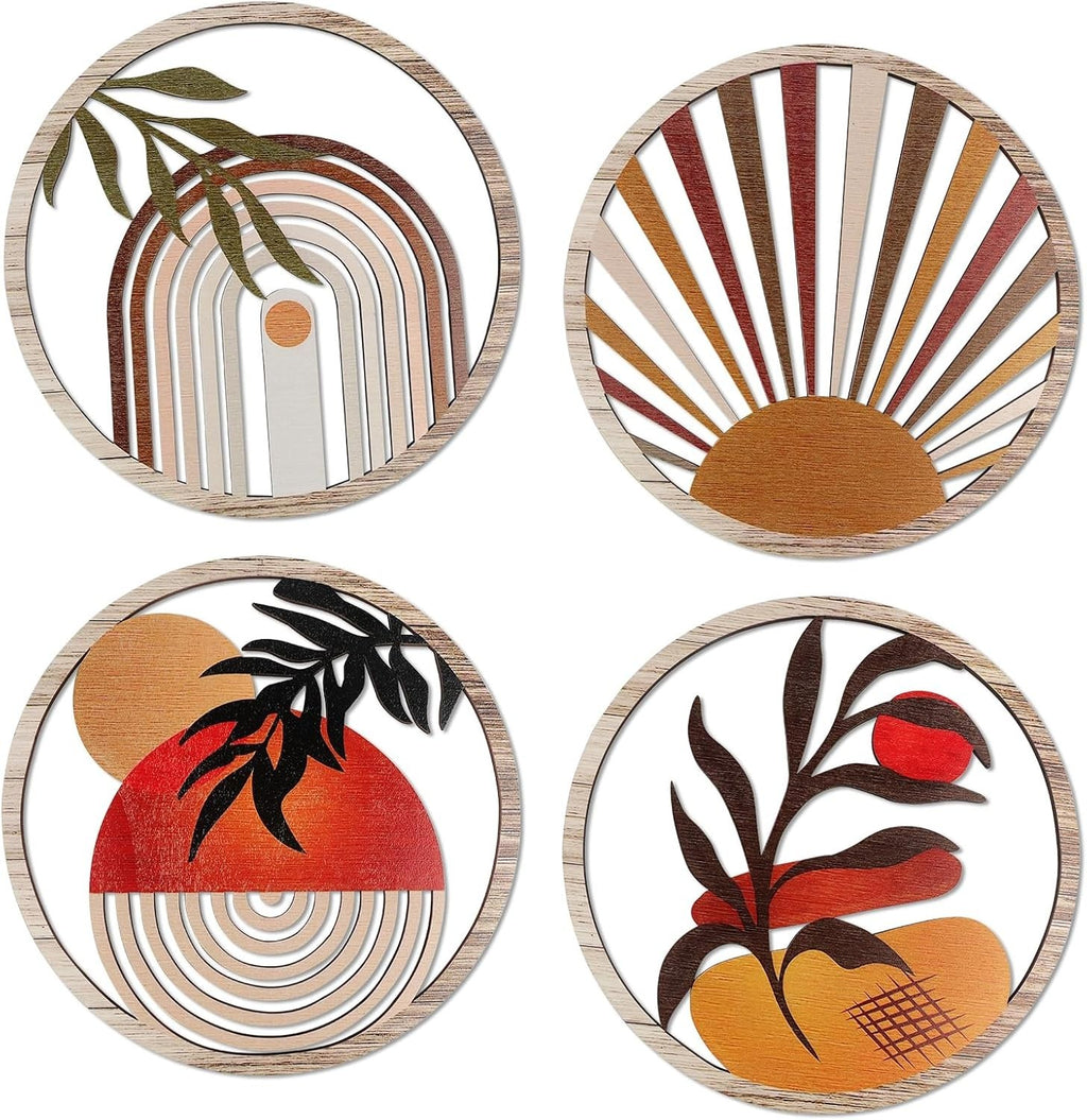 4PCS Boho Wooden Wall Art Botanical Hanging Round Farmhouse Decor