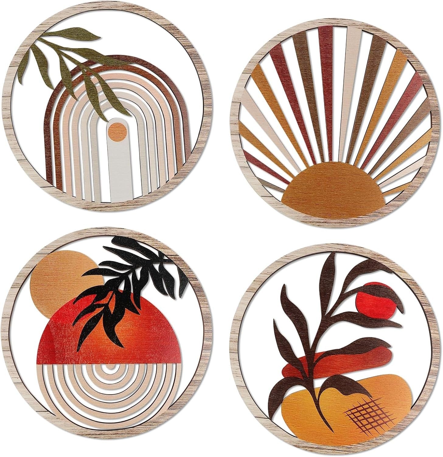 4PCS Boho Wooden Wall Art Botanical Hanging Round Farmhouse Decor