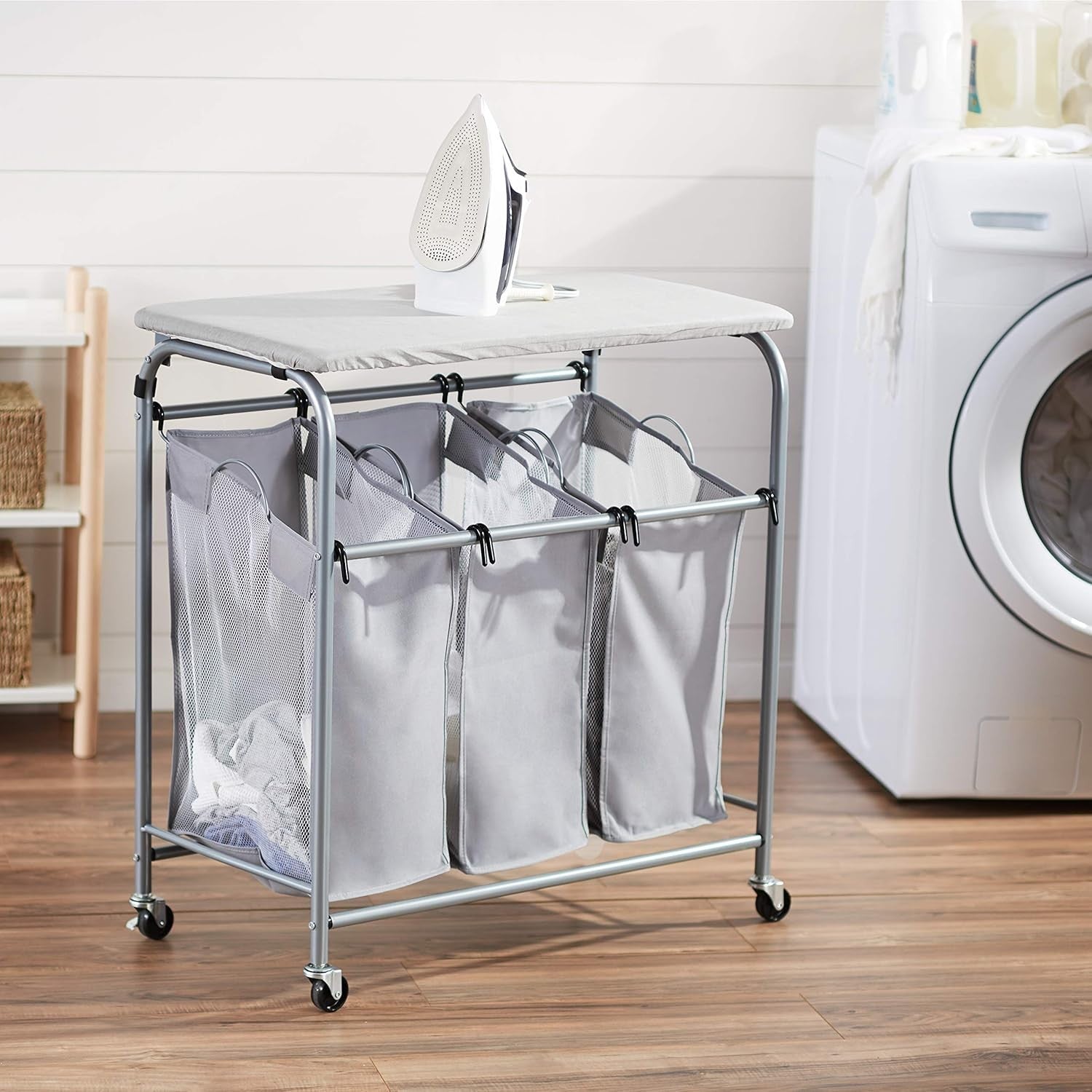Laundry Sorter with Ironing Board 3 Bag Hamper Rolling Storage Unit