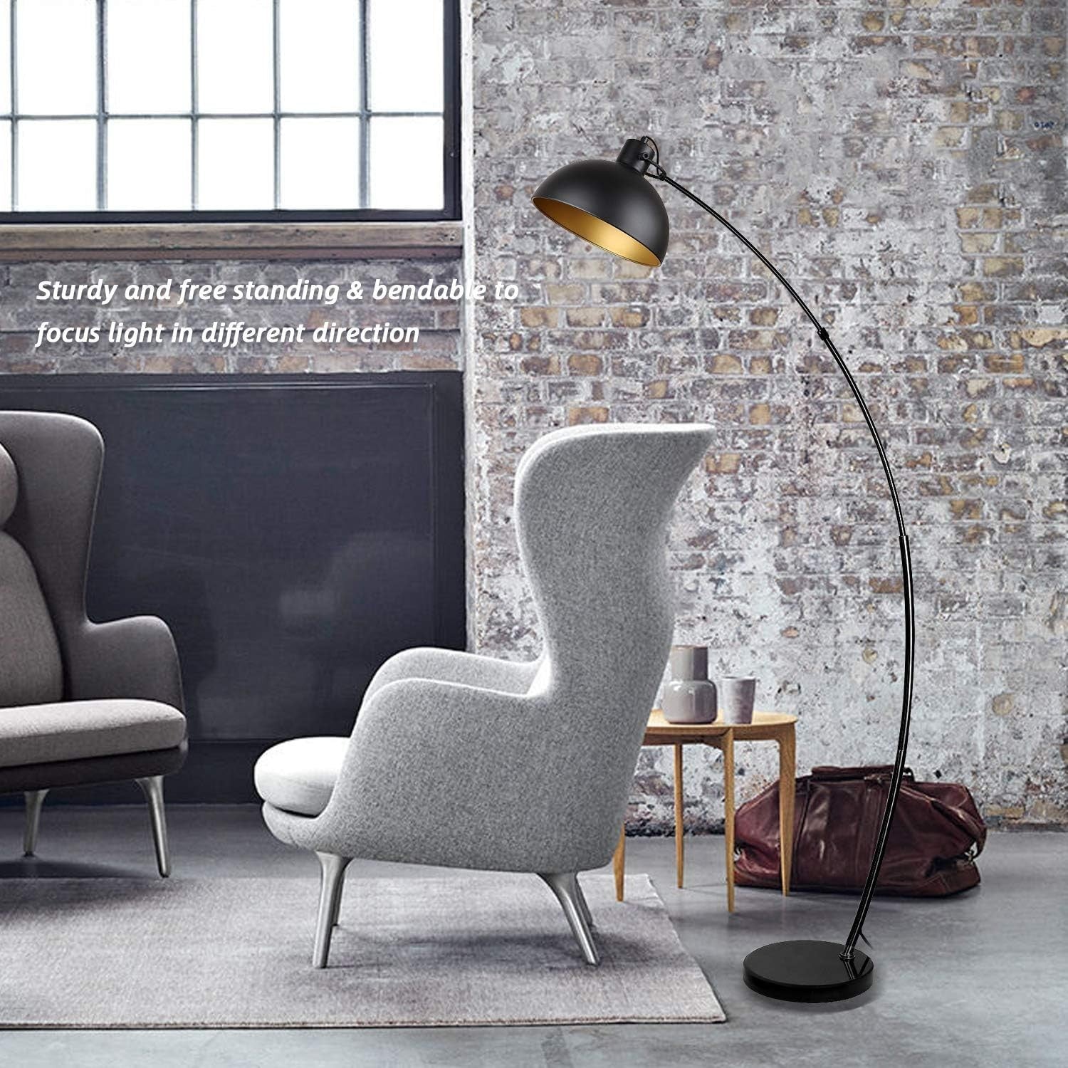 Adjustable Vintage Arc Floor Lamp | Black-Gold Metal Shade | Reading & Living