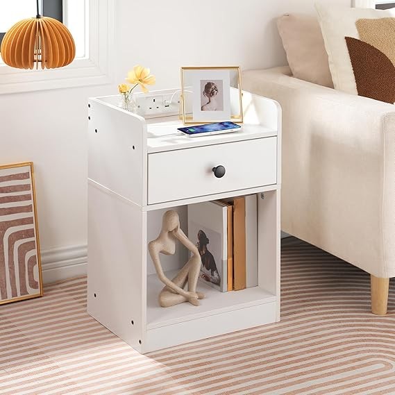White Charging Bedside Table with USB Ports, Drawer & Shelf Modern Nightstand