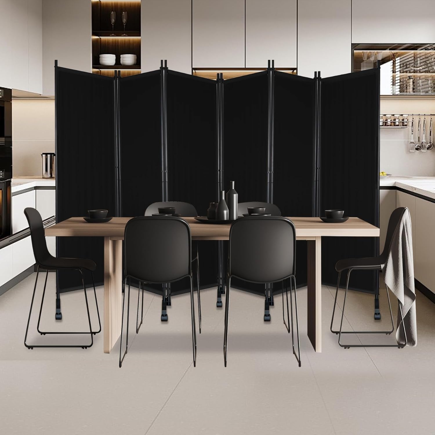 6 Panel Black Folding Room Divider on Wheels Privacy Screen 290x180cm