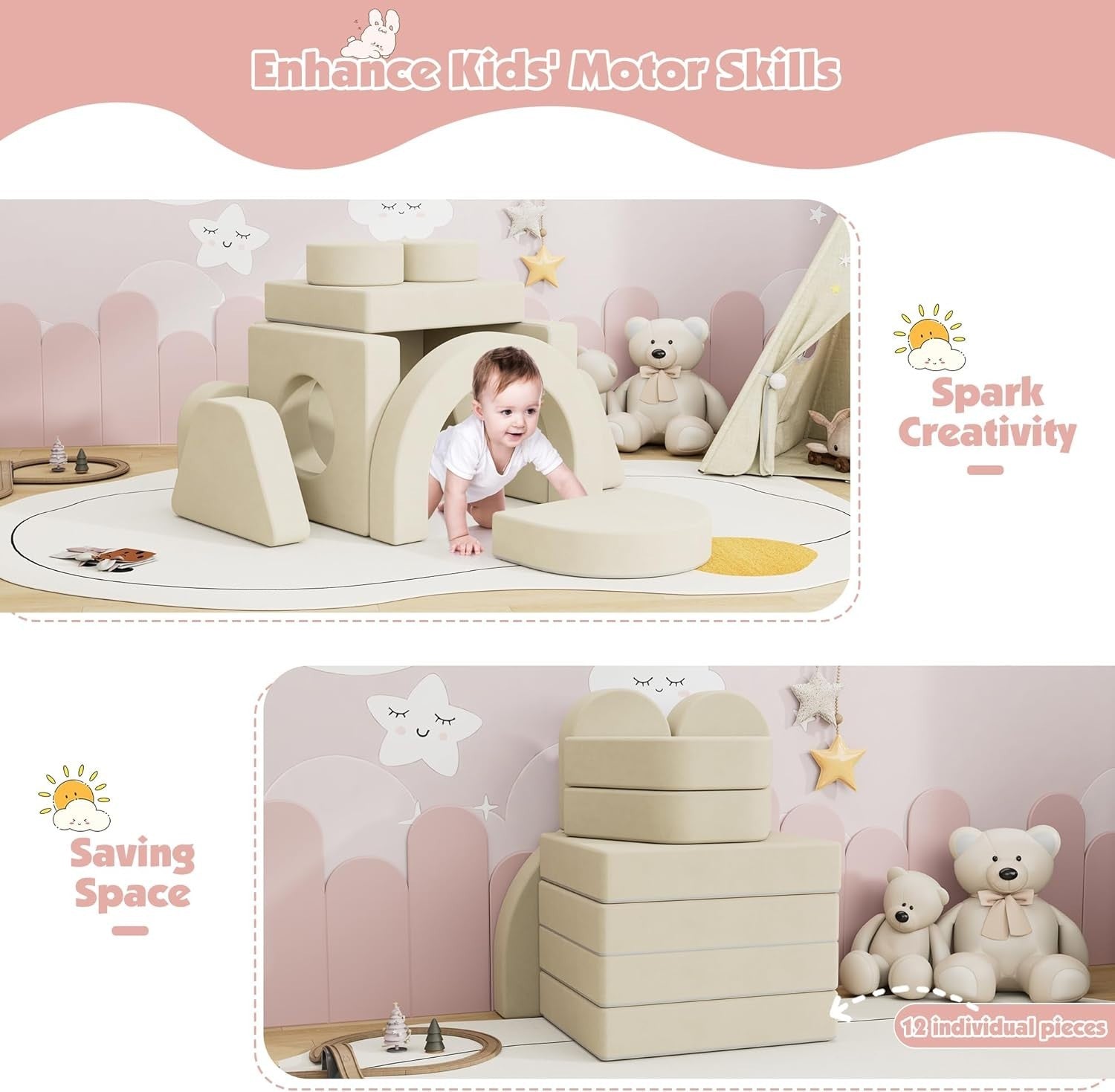 Modular Kids Play Couch Sofa Bed Foam Fort Building Set Beige