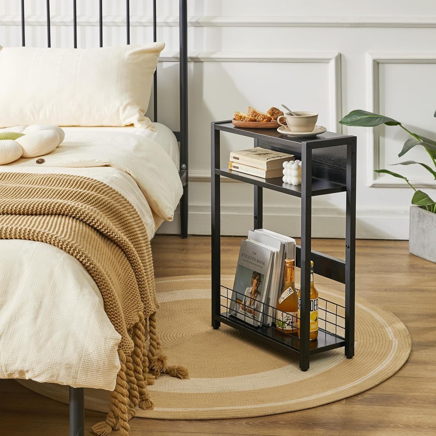 Narrow Black Side Table 3 Tier Slim End Table with Storage Shelf for Sofa Bed
