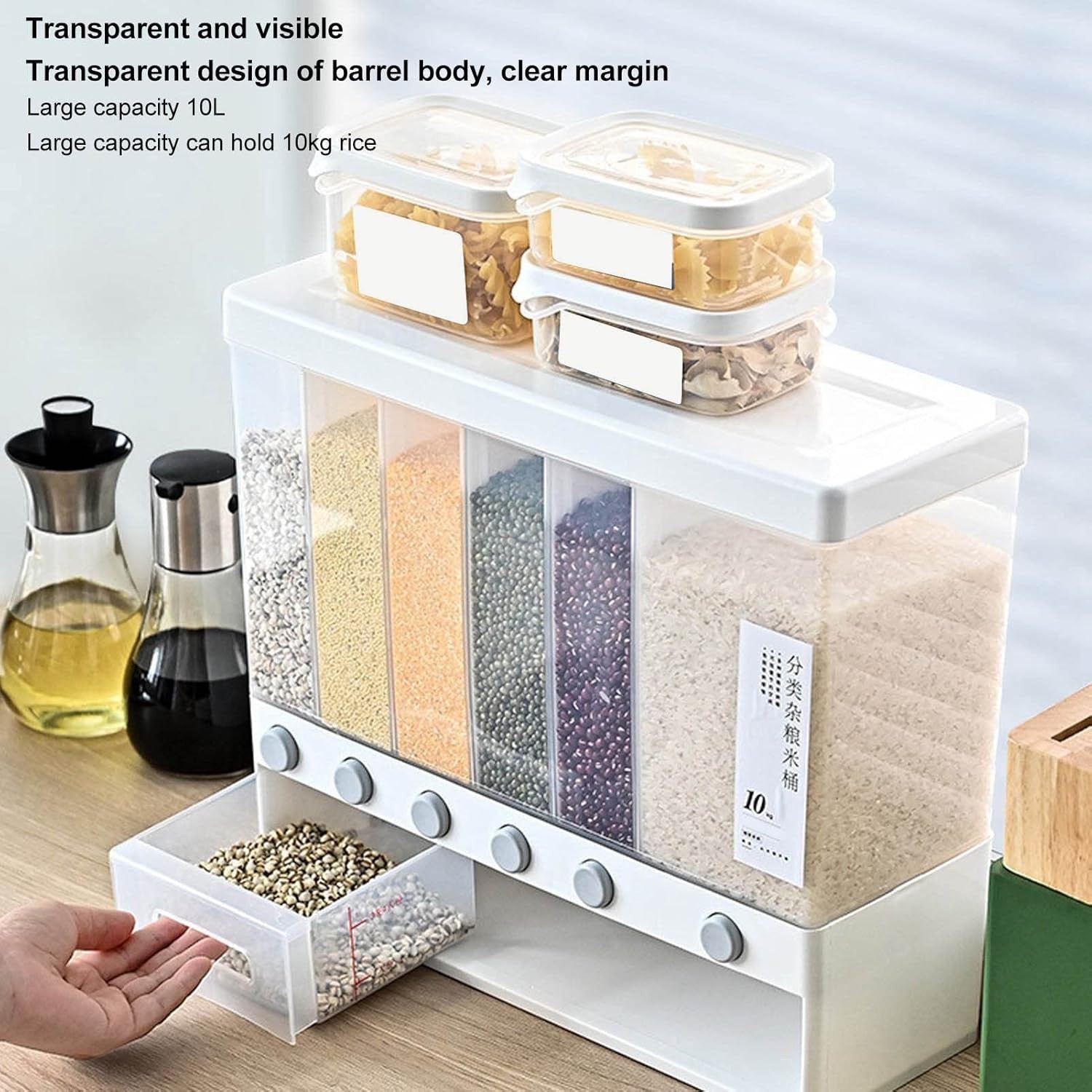 10L Wall Mounted Rice Dispenser 6 Grid Sealed Grain Storage Bin