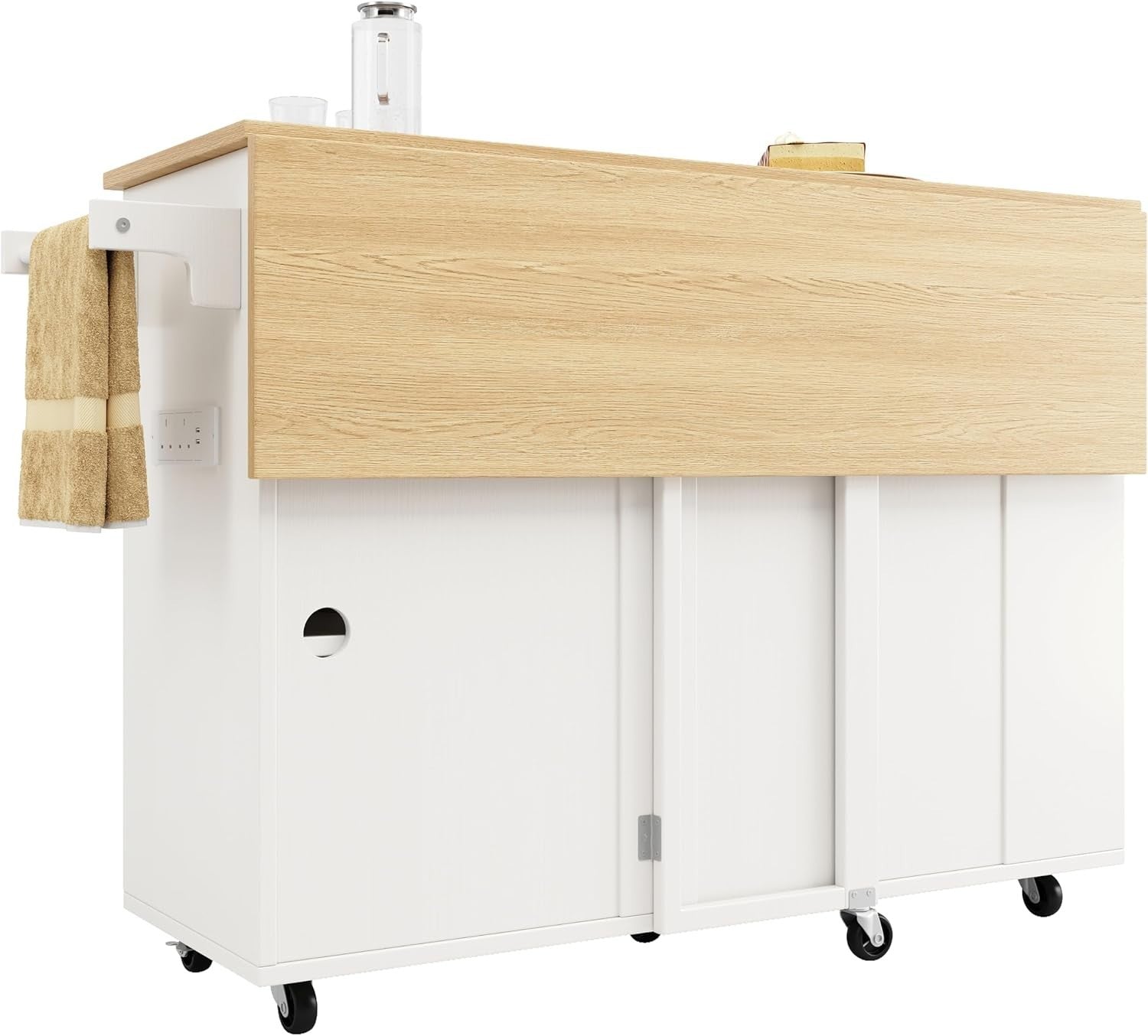 Kitchen Island Trolley with Drawers, Wine Rack & Power Outlets, White 131.5x43x9
