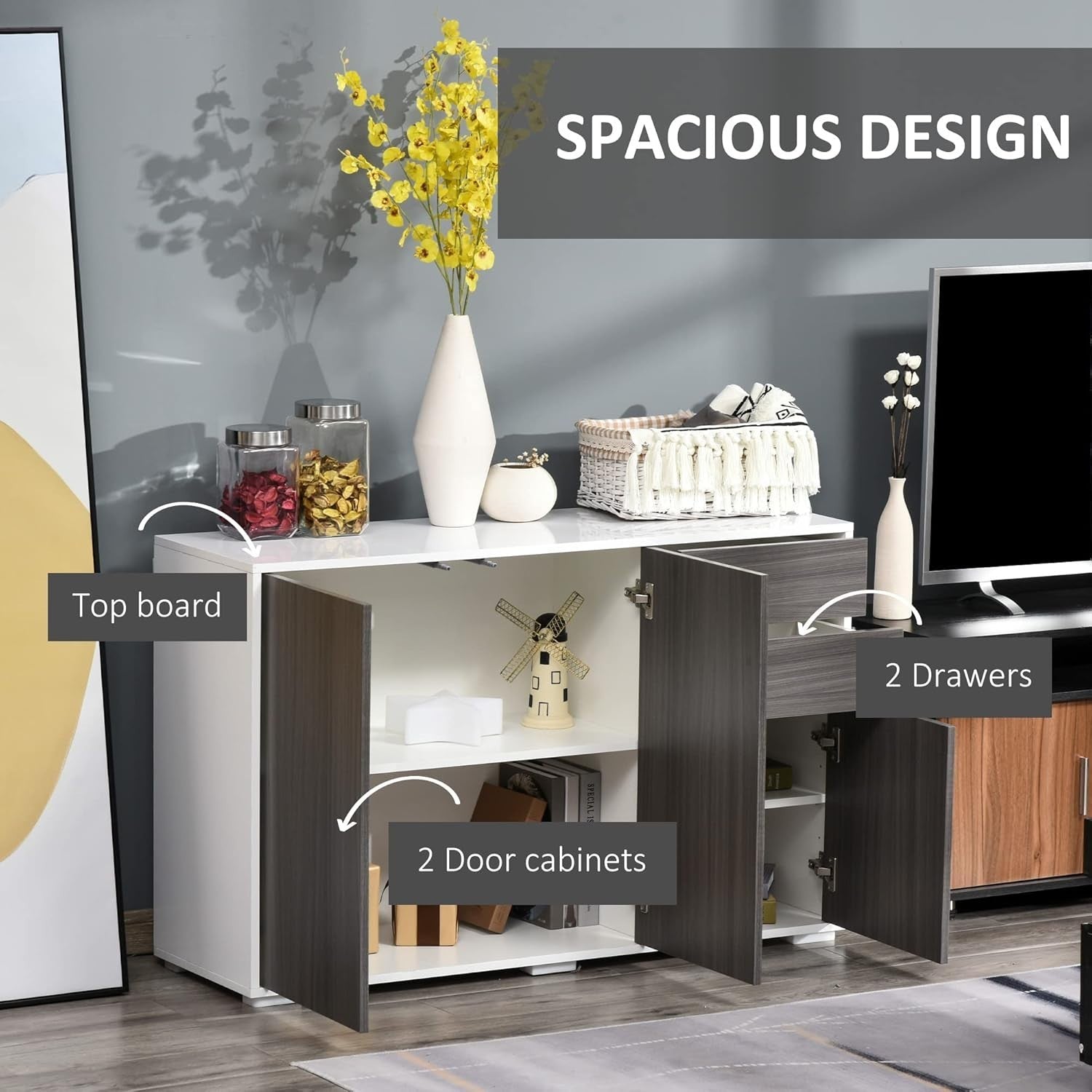 High Gloss Sideboard with Push-Open Drawers, 3 Doors, Modern Storage Unit