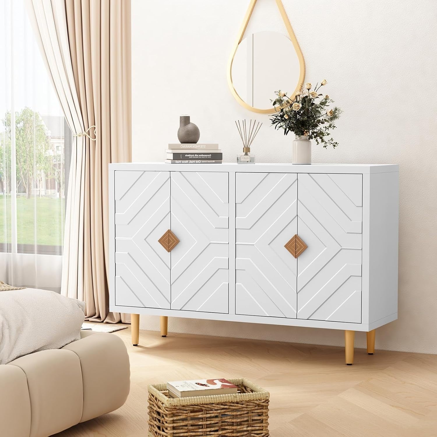 White Kitchen Sideboard Cabinet 4 Doors Storage Buffet Table with Shelves