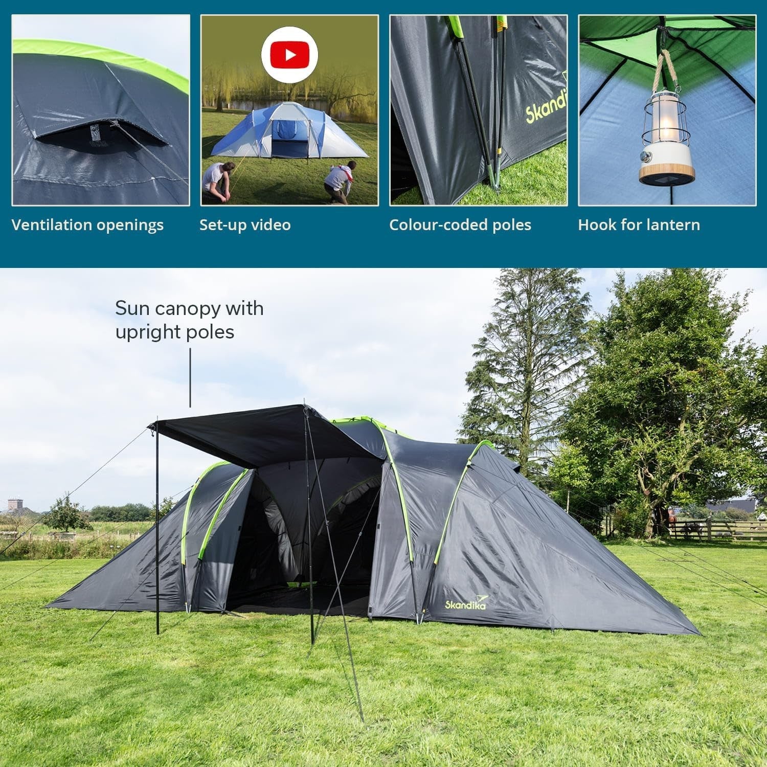 6 Man Family Dome Tent 3000mm Waterproof 3 Cabins Living Area