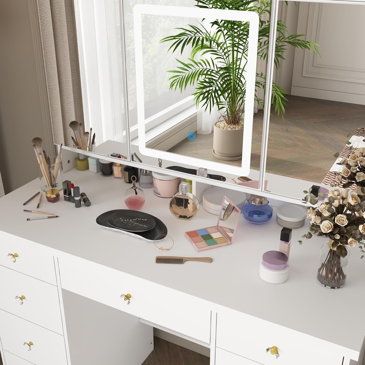 Makeup Vanity Dressing Table White w/ 3-Panel LED Light Mirror & 9 Storage Drawe