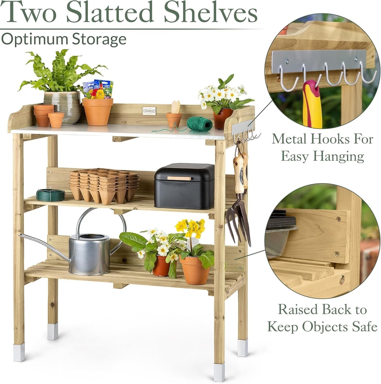 Wooden Garden Potting Table Bench Aluminium Top Shelves Hooks Outdoor