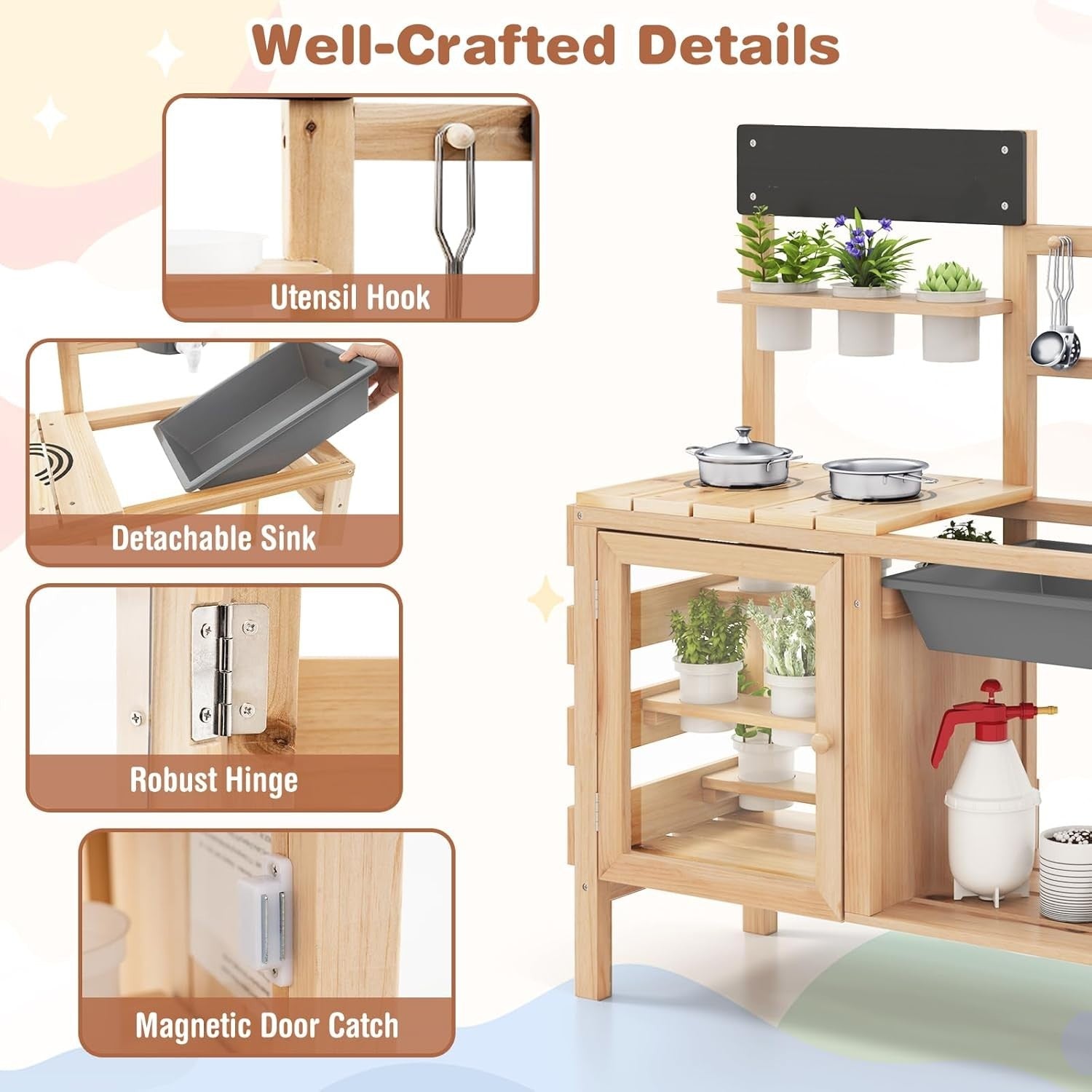 Kids Mud Kitchen Outdoor Wooden Play Kitchen Sink Gardening Toy Set